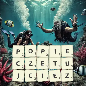 Kreatywna ilustracja do gry w Scrabble ze słowem POPIECZETUJCIEZ ułożonym z płytek na planszy.