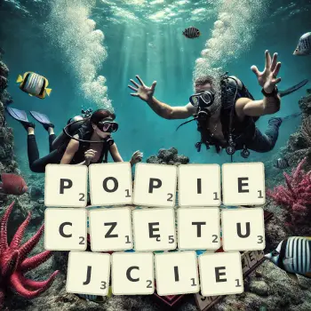 Kreatywna ilustracja do gry w Scrabble ze słowem POPIECZĘTUJCIE ułożonym z płytek na planszy.