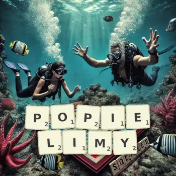 Kreatywna ilustracja do gry w Scrabble ze słowem POPIELIMY ułożonym z płytek na planszy.