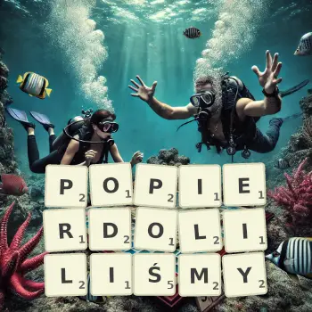 Kreatywna ilustracja do gry w Scrabble ze słowem POPIERDOLILIŚMY ułożonym z płytek na planszy.