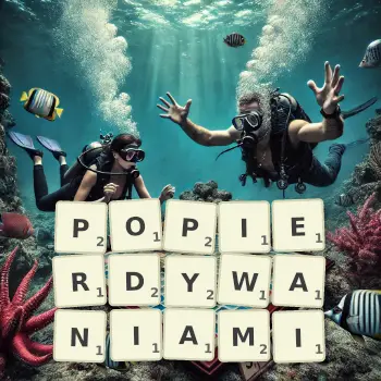 Kreatywna ilustracja do gry w Scrabble ze słowem POPIERDYWANIAMI ułożonym z płytek na planszy.