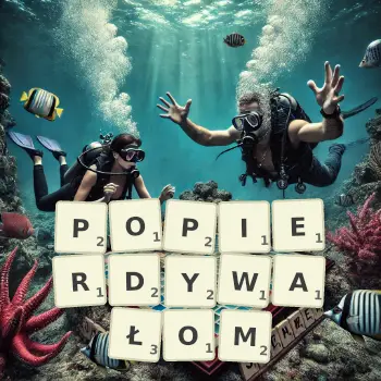 Kreatywna ilustracja do gry w Scrabble ze słowem POPIERDYWAŁOM ułożonym z płytek na planszy.