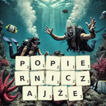 Kreatywna ilustracja do gry w Scrabble ze słowem POPIERNICZAJŻE ułożonym z płytek na planszy.