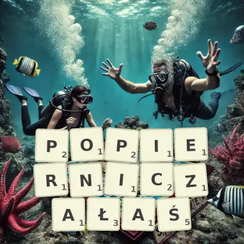 Kreatywna ilustracja do gry w Scrabble ze słowem POPIERNICZAŁAŚ ułożonym z płytek na planszy.