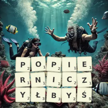 Kreatywna ilustracja do gry w Scrabble ze słowem POPIERNICZYŁBYŚ ułożonym z płytek na planszy.