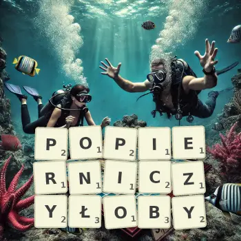 Kreatywna ilustracja do gry w Scrabble ze słowem POPIERNICZYŁOBY ułożonym z płytek na planszy.