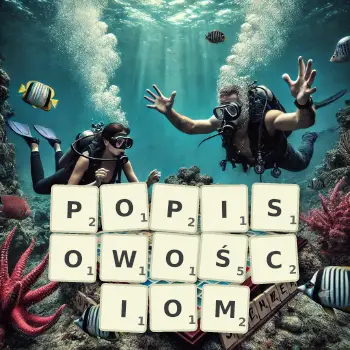 Kreatywna ilustracja do gry w Scrabble ze słowem POPISOWOŚCIOM ułożonym z płytek na planszy.