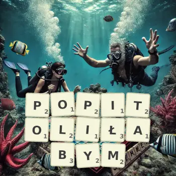 Kreatywna ilustracja do gry w Scrabble ze słowem POPITOLIŁABYM ułożonym z płytek na planszy.