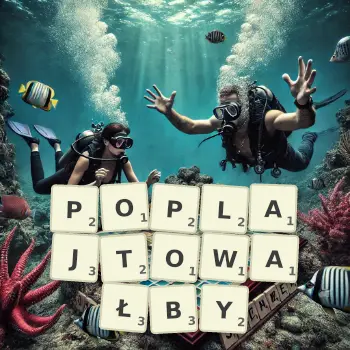 Kreatywna ilustracja do gry w Scrabble ze słowem POPLAJTOWAŁBY ułożonym z płytek na planszy.