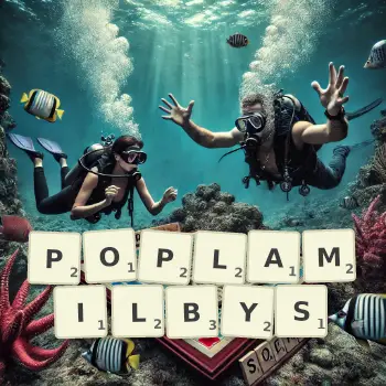 Kreatywna ilustracja do gry w Scrabble ze słowem POPLAMILBYS ułożonym z płytek na planszy.