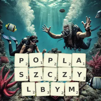 Kreatywna ilustracja do gry w Scrabble ze słowem POPLASZCZYLBYM ułożonym z płytek na planszy.