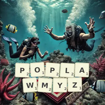 Kreatywna ilustracja do gry w Scrabble ze słowem POPLAWMYZ ułożonym z płytek na planszy.
