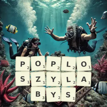 Kreatywna ilustracja do gry w Scrabble ze słowem POPLOSZYLABYS ułożonym z płytek na planszy.