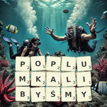 Kreatywna ilustracja do gry w Scrabble ze słowem POPLUMKALIBYŚMY ułożonym z płytek na planszy.