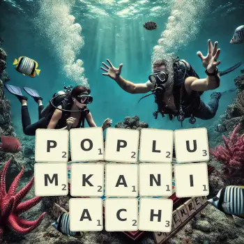 Kreatywna ilustracja do gry w Scrabble ze słowem POPLUMKANIACH ułożonym z płytek na planszy.