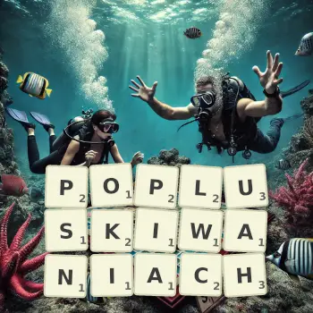 Kreatywna ilustracja do gry w Scrabble ze słowem POPLUSKIWANIACH ułożonym z płytek na planszy.