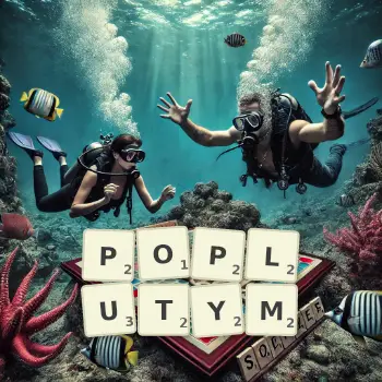 Kreatywna ilustracja do gry w Scrabble ze słowem POPLUTYM ułożonym z płytek na planszy.