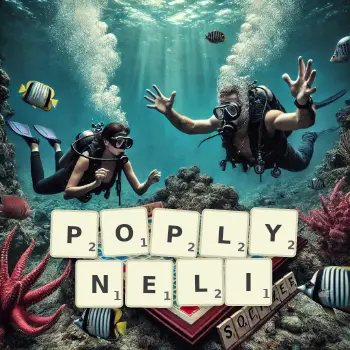 Kreatywna ilustracja do gry w Scrabble ze słowem POPLYNELI ułożonym z płytek na planszy.