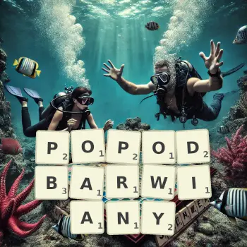 Kreatywna ilustracja do gry w Scrabble ze słowem POPODBARWIANY ułożonym z płytek na planszy.