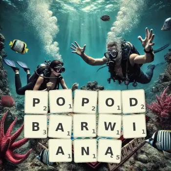 Kreatywna ilustracja do gry w Scrabble ze słowem POPODBARWIANĄ ułożonym z płytek na planszy.