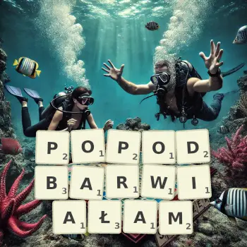 Kreatywna ilustracja do gry w Scrabble ze słowem POPODBARWIAŁAM ułożonym z płytek na planszy.