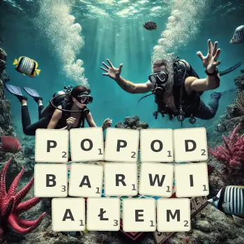 Kreatywna ilustracja do gry w Scrabble ze słowem POPODBARWIAŁEM ułożonym z płytek na planszy.