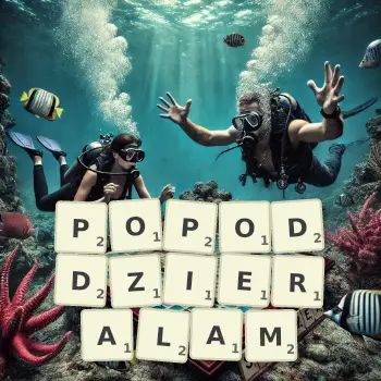 Kreatywna ilustracja do gry w Scrabble ze słowem POPODDZIERALAM ułożonym z płytek na planszy.