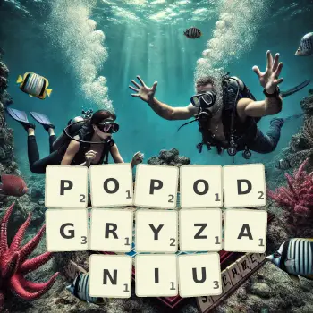 Kreatywna ilustracja do gry w Scrabble ze słowem POPODGRYZANIU ułożonym z płytek na planszy.