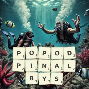 Kreatywna ilustracja do gry w Scrabble ze słowem POPODPINALBYS ułożonym z płytek na planszy.