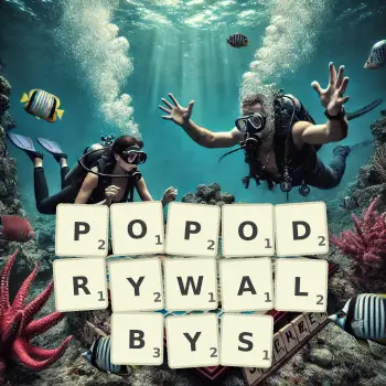 Kreatywna ilustracja do gry w Scrabble ze słowem POPODRYWALBYS ułożonym z płytek na planszy.