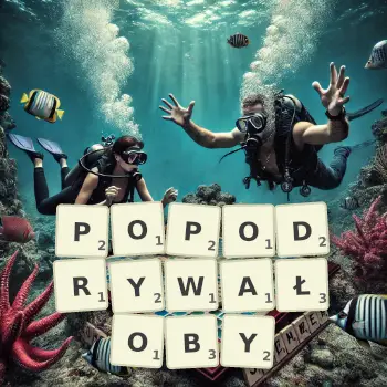 Kreatywna ilustracja do gry w Scrabble ze słowem POPODRYWAŁOBY ułożonym z płytek na planszy.