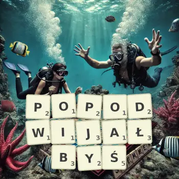 Kreatywna ilustracja do gry w Scrabble ze słowem POPODWIJAŁBYŚ ułożonym z płytek na planszy.