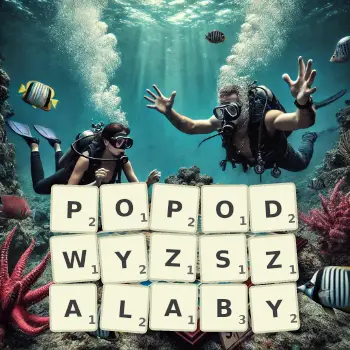 Kreatywna ilustracja do gry w Scrabble ze słowem POPODWYZSZALABY ułożonym z płytek na planszy.
