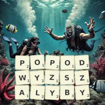 Kreatywna ilustracja do gry w Scrabble ze słowem POPODWYZSZALYBY ułożonym z płytek na planszy.
