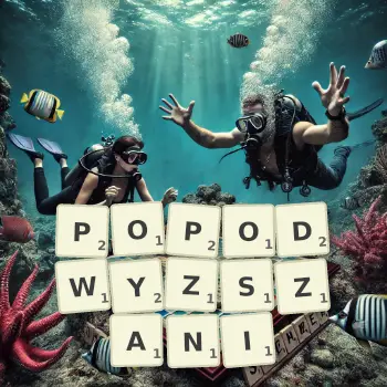 Kreatywna ilustracja do gry w Scrabble ze słowem POPODWYZSZANI ułożonym z płytek na planszy.