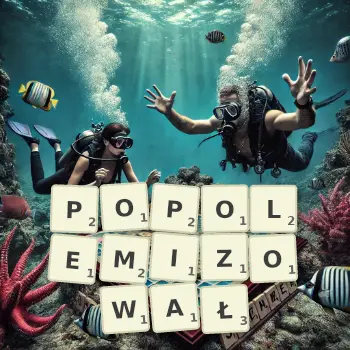 Kreatywna ilustracja do gry w Scrabble ze słowem POPOLEMIZOWAŁ ułożonym z płytek na planszy.