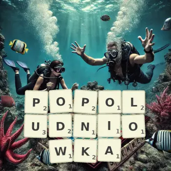 Kreatywna ilustracja do gry w Scrabble ze słowem POPOLUDNIOWKA ułożonym z płytek na planszy.