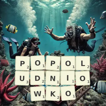 Kreatywna ilustracja do gry w Scrabble ze słowem POPOLUDNIOWKO ułożonym z płytek na planszy.