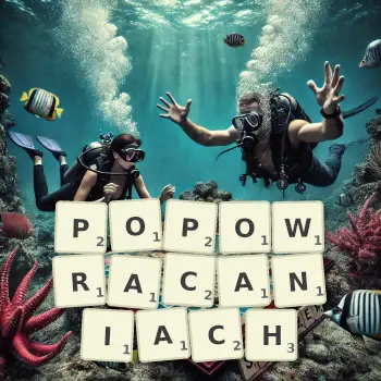 Kreatywna ilustracja do gry w Scrabble ze słowem POPOWRACANIACH ułożonym z płytek na planszy.