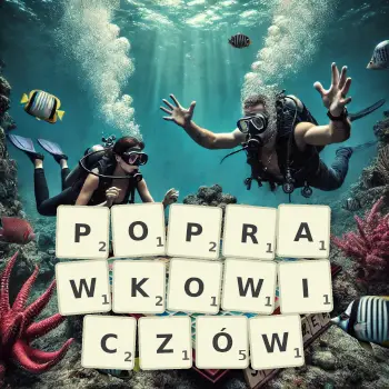 Kreatywna ilustracja do gry w Scrabble ze słowem POPRAWKOWICZÓW ułożonym z płytek na planszy.