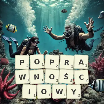 Kreatywna ilustracja do gry w Scrabble ze słowem POPRAWNOŚCIOWY ułożonym z płytek na planszy.