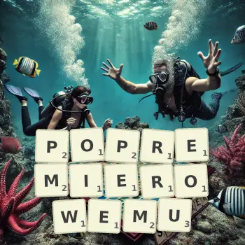 Kreatywna ilustracja do gry w Scrabble ze słowem POPREMIEROWEMU ułożonym z płytek na planszy.