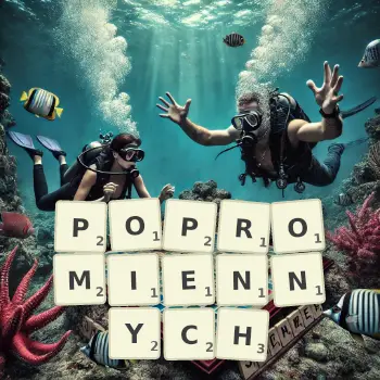 Kreatywna ilustracja do gry w Scrabble ze słowem POPROMIENNYCH ułożonym z płytek na planszy.