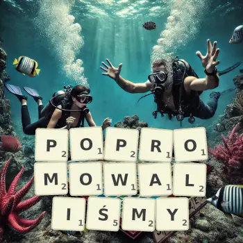 Kreatywna ilustracja do gry w Scrabble ze słowem POPROMOWALIŚMY ułożonym z płytek na planszy.