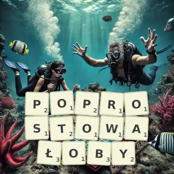 Kreatywna ilustracja do gry w Scrabble ze słowem POPROSTOWAŁOBY ułożonym z płytek na planszy.