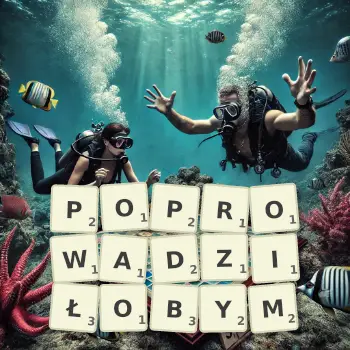 Kreatywna ilustracja do gry w Scrabble ze słowem POPROWADZIŁOBYM ułożonym z płytek na planszy.