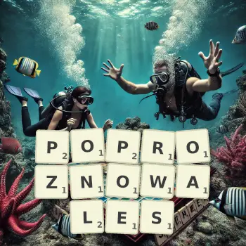 Kreatywna ilustracja do gry w Scrabble ze słowem POPROZNOWALES ułożonym z płytek na planszy.