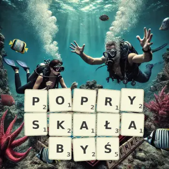 Kreatywna ilustracja do gry w Scrabble ze słowem POPRYSKAŁABYŚ ułożonym z płytek na planszy.