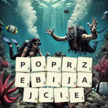 Kreatywna ilustracja do gry w Scrabble ze słowem POPRZEBIJAJCIE ułożonym z płytek na planszy.