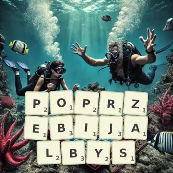 Kreatywna ilustracja do gry w Scrabble ze słowem POPRZEBIJALBYS ułożonym z płytek na planszy.